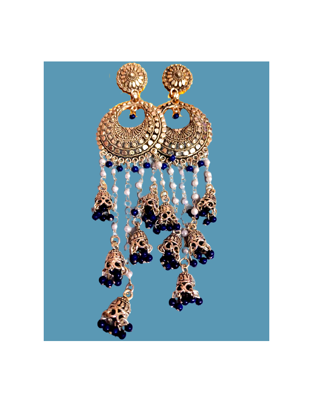 Royal Blue Kundan Pearl Beaded Jhumka Earrings