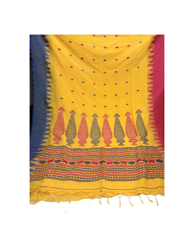 Yellow Pure Cotton Handwoven Saree With Contrast Temple Border