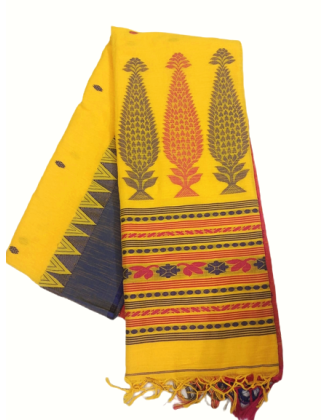 Yellow Pure Cotton Handwoven Saree With Contrast Temple Border