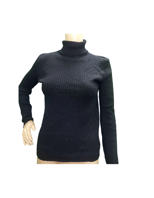 Solid High Neck Casual Women woolen Black Top