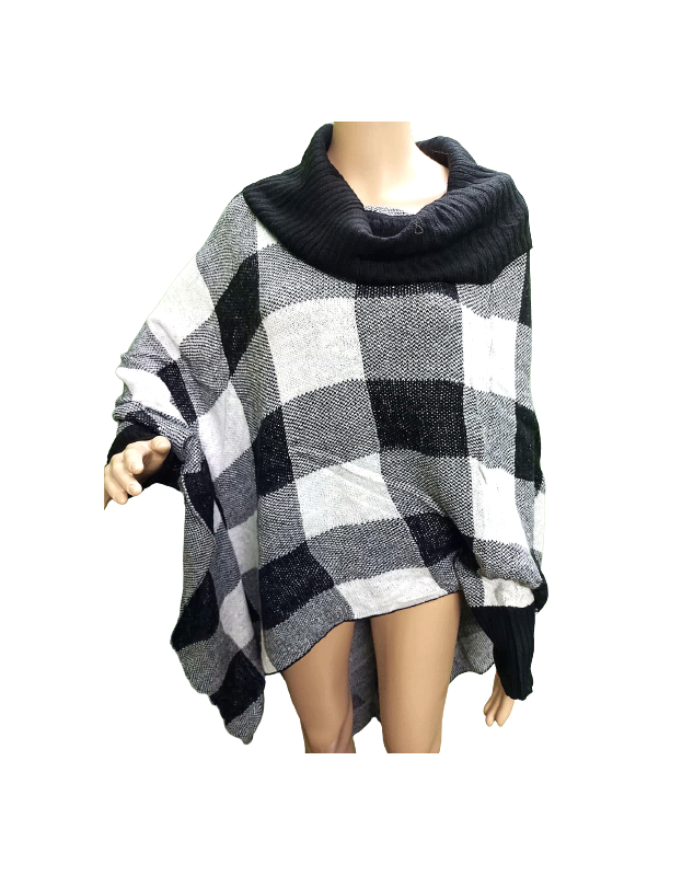 Winter black & white checked woolen poncho