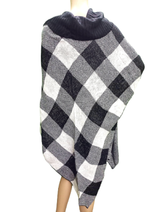 Winter black & white checked woolen poncho