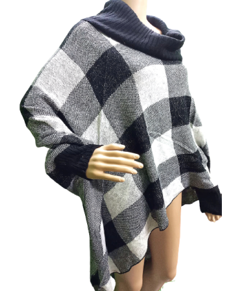 Winter black & white checked woolen poncho