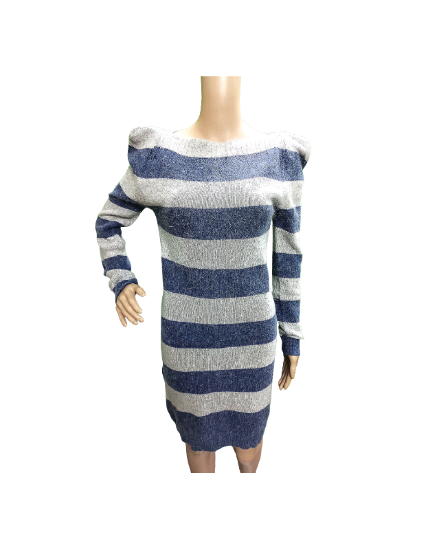 Blue & Grey Striped Long Sleeves Woolen Dress