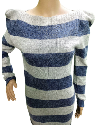 Blue & Grey Striped Long Sleeves Woolen Dress