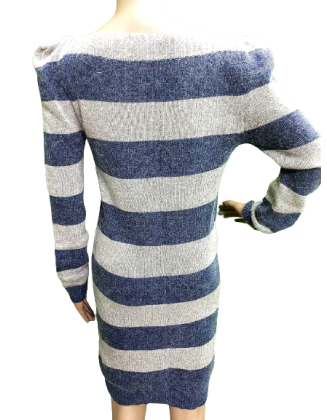 Blue & Grey Striped Long Sleeves Woolen Dress